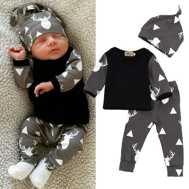 Cute 3pcs Newborn Baby Boy Clothes Deer Tops T-shirt+Pants Leggings 3pcs Outfits Set 6-12M, Black 